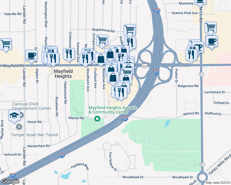 map of restaurants, bars, coffee shops, grocery stores, and more near 1585 Golden Gate Plaza in Cleveland