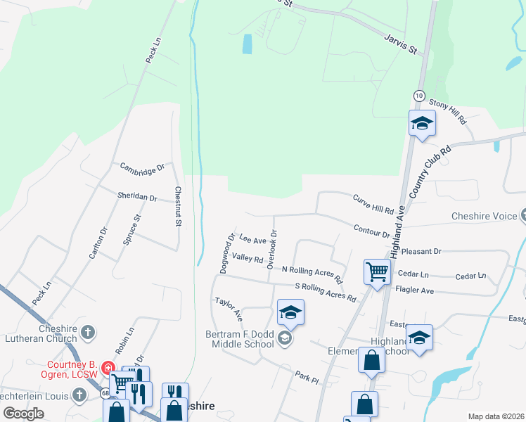 map of restaurants, bars, coffee shops, grocery stores, and more near 332 Contour Drive in Cheshire