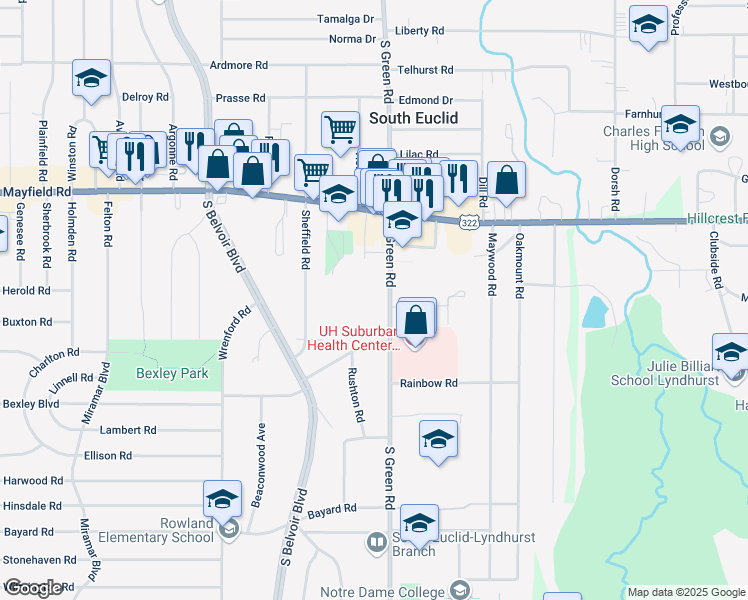 map of restaurants, bars, coffee shops, grocery stores, and more near 1568 South Green Road in South Euclid