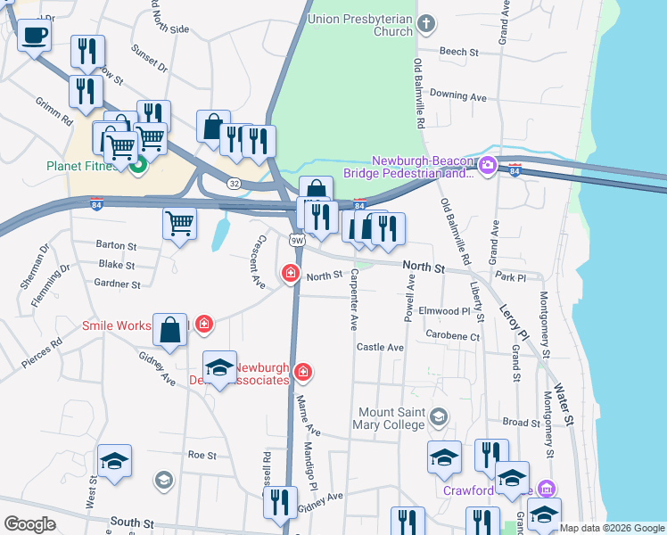 map of restaurants, bars, coffee shops, grocery stores, and more near 111 North Street in Newburgh