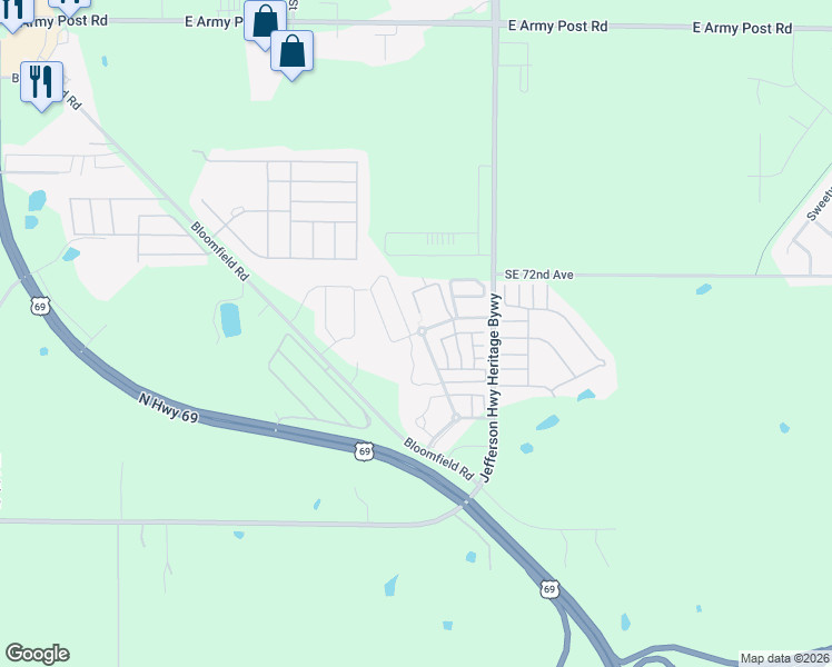 map of restaurants, bars, coffee shops, grocery stores, and more near 501 Meadows Court in Des Moines