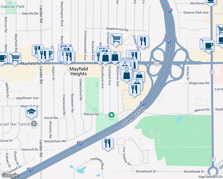 map of restaurants, bars, coffee shops, grocery stores, and more near 1599 Fruitland Avenue in Mayfield Heights