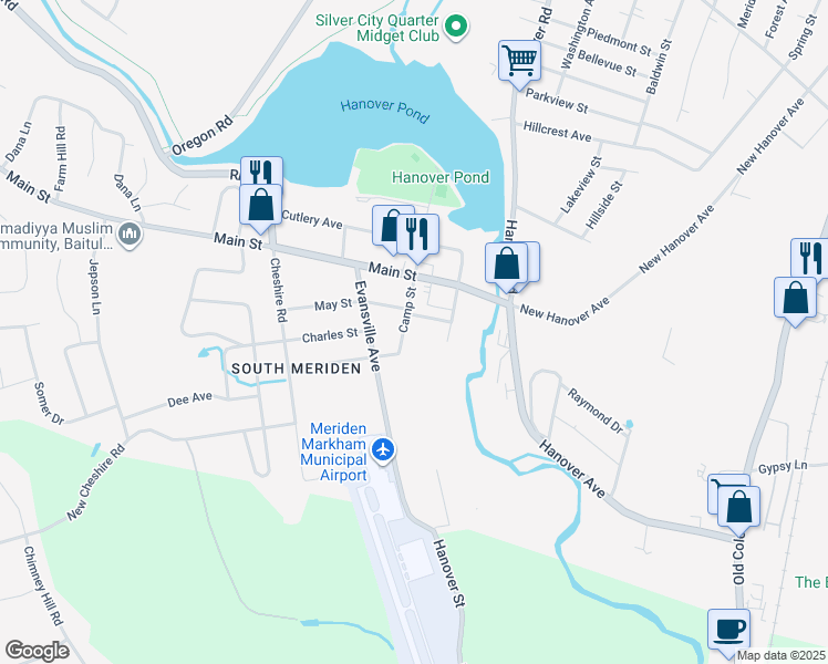 map of restaurants, bars, coffee shops, grocery stores, and more near 31 Camp Street in Meriden