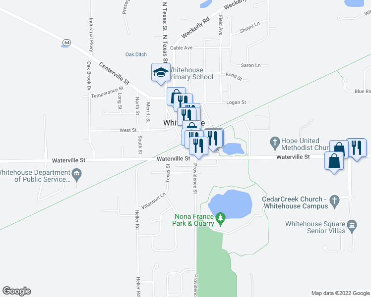 map of restaurants, bars, coffee shops, grocery stores, and more near 10915 Saint Louis Avenue in Whitehouse