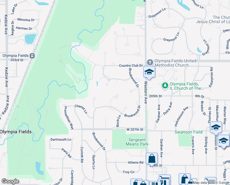 map of restaurants, bars, coffee shops, grocery stores, and more near 717 Brookwood Terrace in Olympia Fields