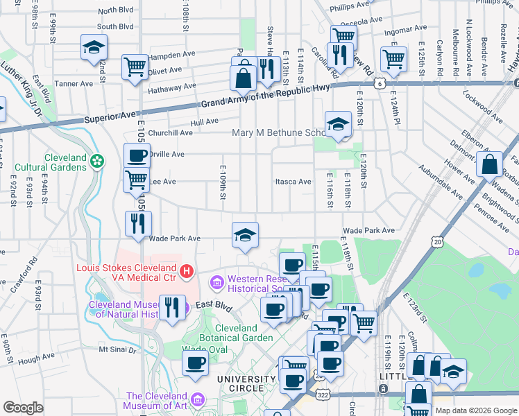 map of restaurants, bars, coffee shops, grocery stores, and more near 11103 Ashbury Avenue in Cleveland