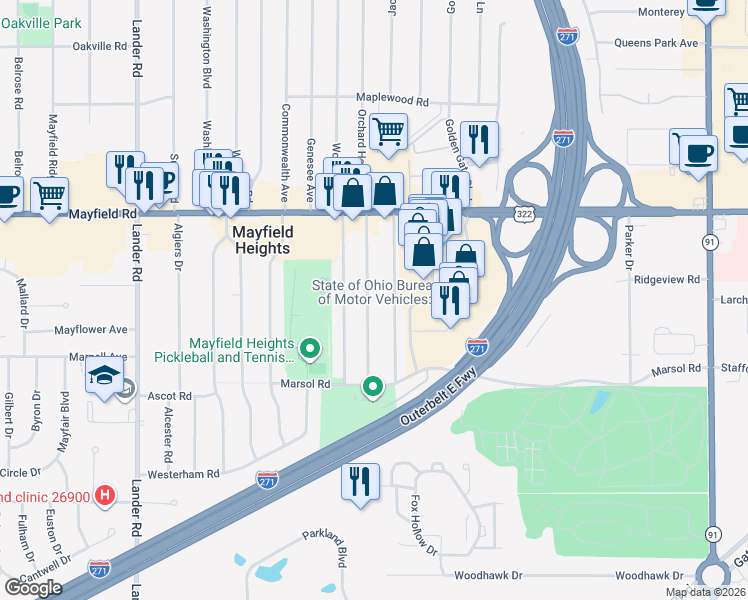 map of restaurants, bars, coffee shops, grocery stores, and more near 1599 Fruitland Avenue in Mayfield Heights
