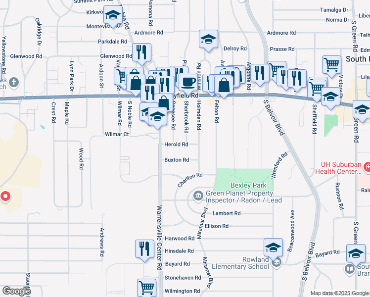 map of restaurants, bars, coffee shops, grocery stores, and more near 4059 Buxton Road in South Euclid