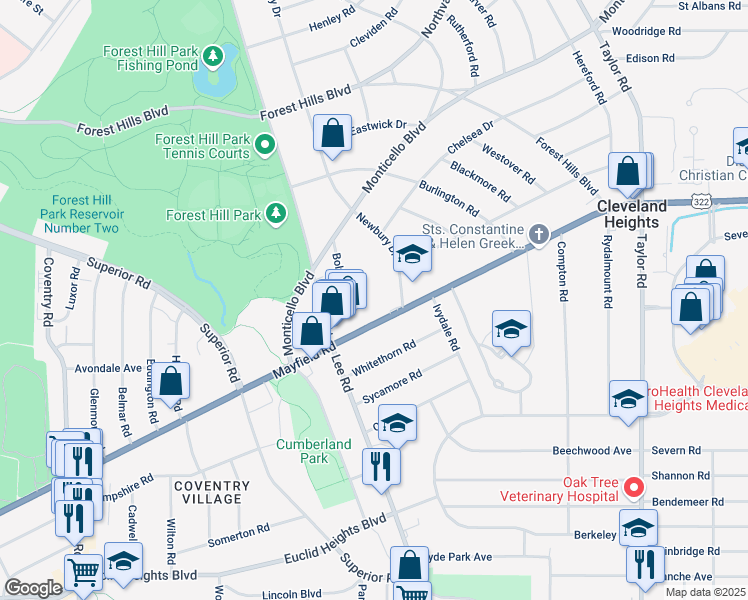 map of restaurants, bars, coffee shops, grocery stores, and more near 3161 U.S. 322 in Cleveland Heights
