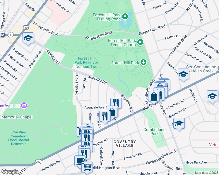 map of restaurants, bars, coffee shops, grocery stores, and more near 14128 Superior Road in East Cleveland