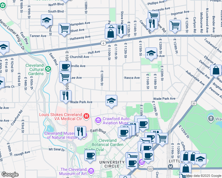 map of restaurants, bars, coffee shops, grocery stores, and more near 11005 Ashbury Avenue in Cleveland