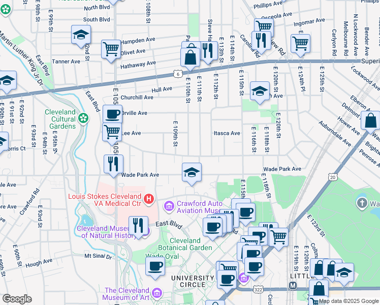map of restaurants, bars, coffee shops, grocery stores, and more near 11005 Ashbury Avenue in Cleveland