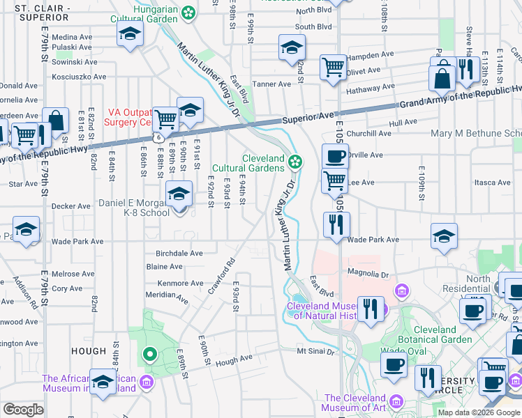 map of restaurants, bars, coffee shops, grocery stores, and more near 1453 East 94th Street in Cleveland