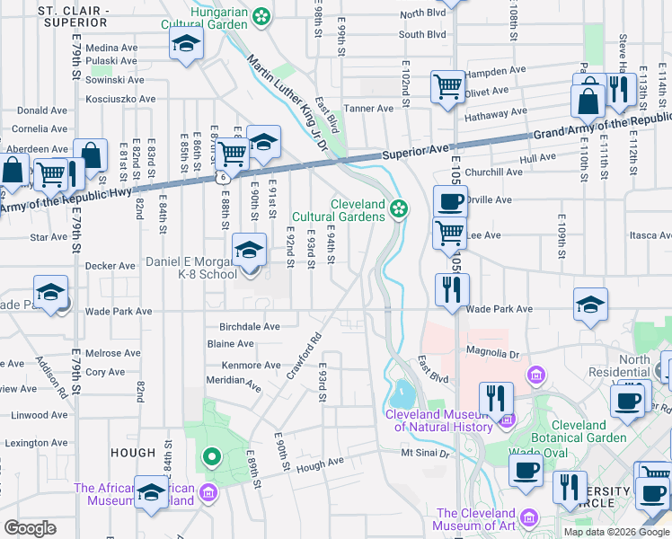 map of restaurants, bars, coffee shops, grocery stores, and more near 1453 East 94th Street in Cleveland