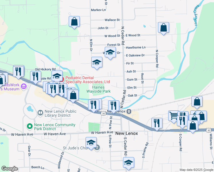 map of restaurants, bars, coffee shops, grocery stores, and more near 182 Batson Court in New Lenox