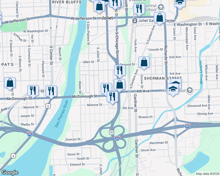 map of restaurants, bars, coffee shops, grocery stores, and more near 334 South Ottawa Street in Joliet