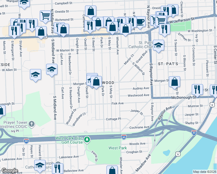map of restaurants, bars, coffee shops, grocery stores, and more near 313 South May Street in Joliet