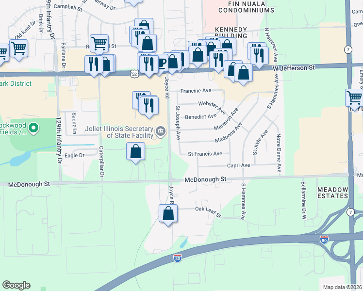 map of restaurants, bars, coffee shops, grocery stores, and more near 2308 Madonna Avenue in Joliet