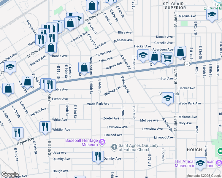map of restaurants, bars, coffee shops, grocery stores, and more near 6811 Whitney Avenue in Cleveland