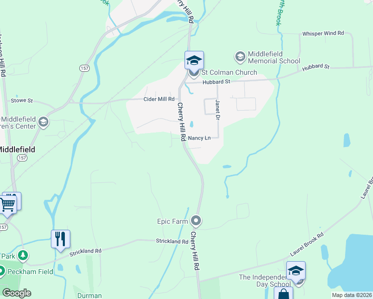 map of restaurants, bars, coffee shops, grocery stores, and more near 156 Cherry Hill Road in Middlefield