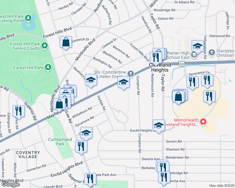 map of restaurants, bars, coffee shops, grocery stores, and more near 1575 Ivydale Road in Cleveland Heights