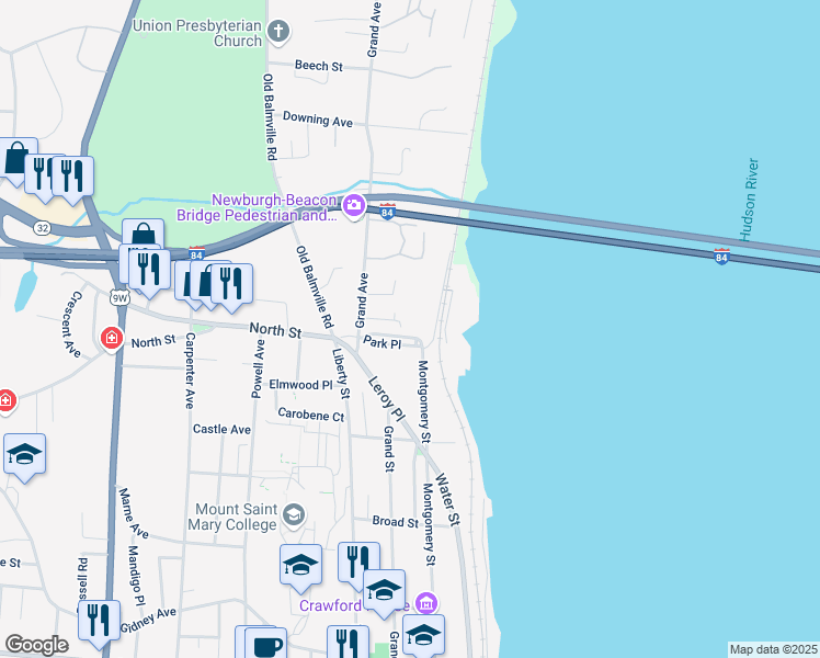map of restaurants, bars, coffee shops, grocery stores, and more near 14 Park Place in Newburgh