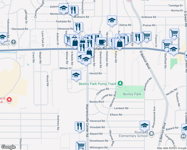 map of restaurants, bars, coffee shops, grocery stores, and more near 4022 Herold Road in South Euclid