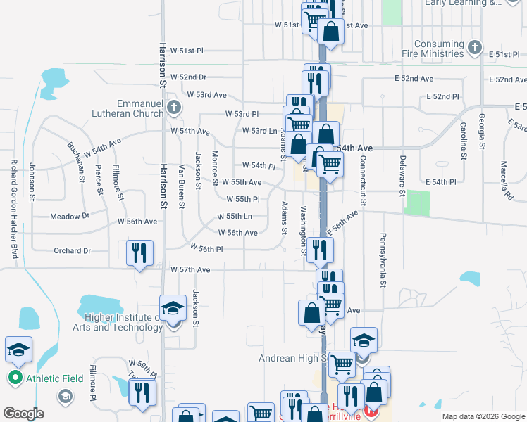 map of restaurants, bars, coffee shops, grocery stores, and more near 5567 Jefferson Place in Merrillville