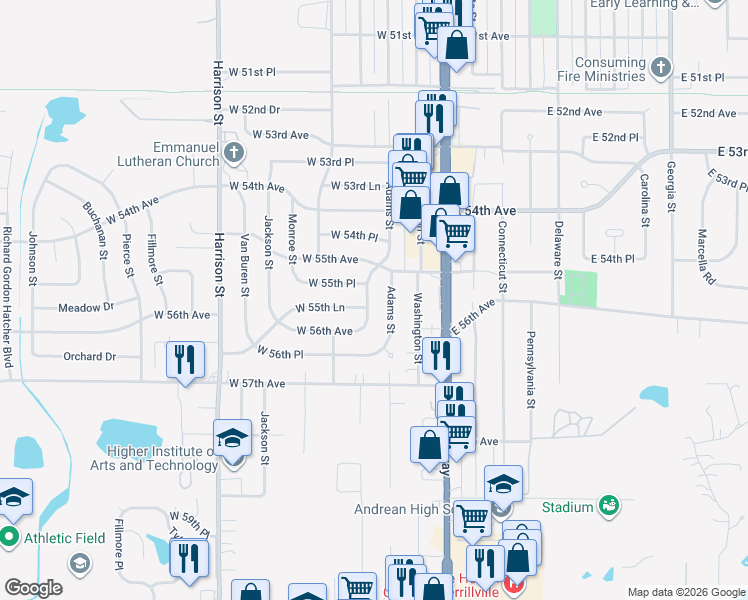 map of restaurants, bars, coffee shops, grocery stores, and more near 5555 Jefferson Place in Merrillville