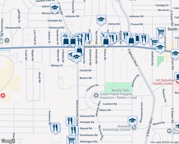 map of restaurants, bars, coffee shops, grocery stores, and more near 4059 Buxton Road in South Euclid