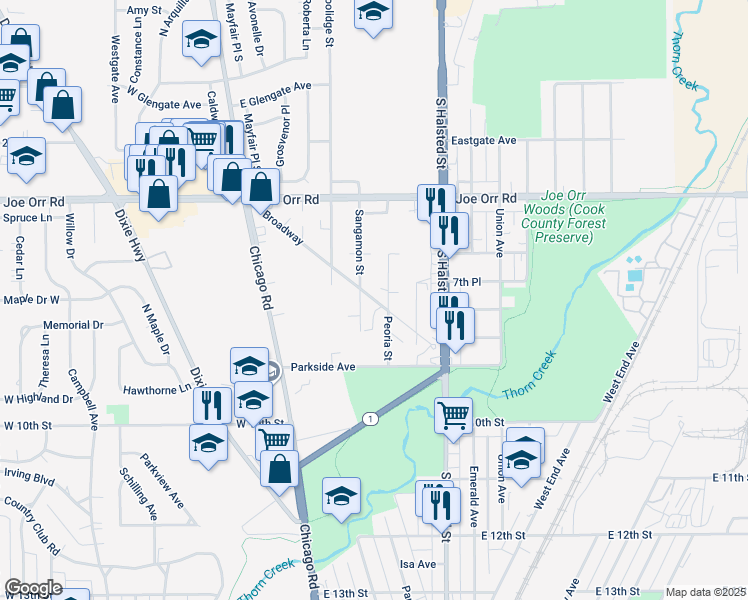 map of restaurants, bars, coffee shops, grocery stores, and more near 144 Broadway in Chicago Heights