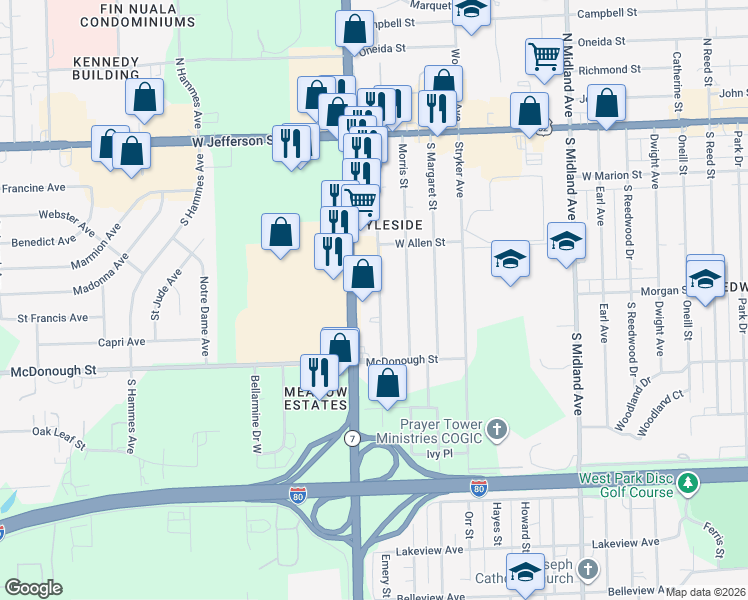map of restaurants, bars, coffee shops, grocery stores, and more near 223 Emery Street in Joliet