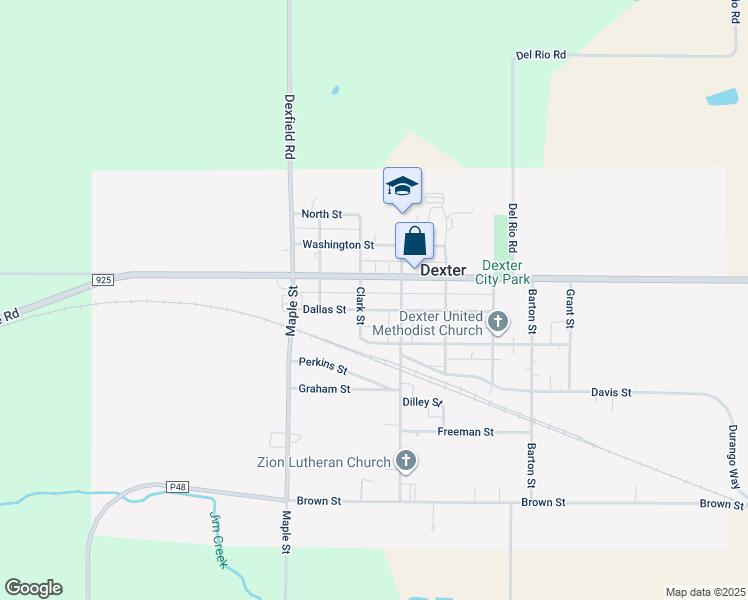 map of restaurants, bars, coffee shops, grocery stores, and more near 707 Dallas Street in Dexter