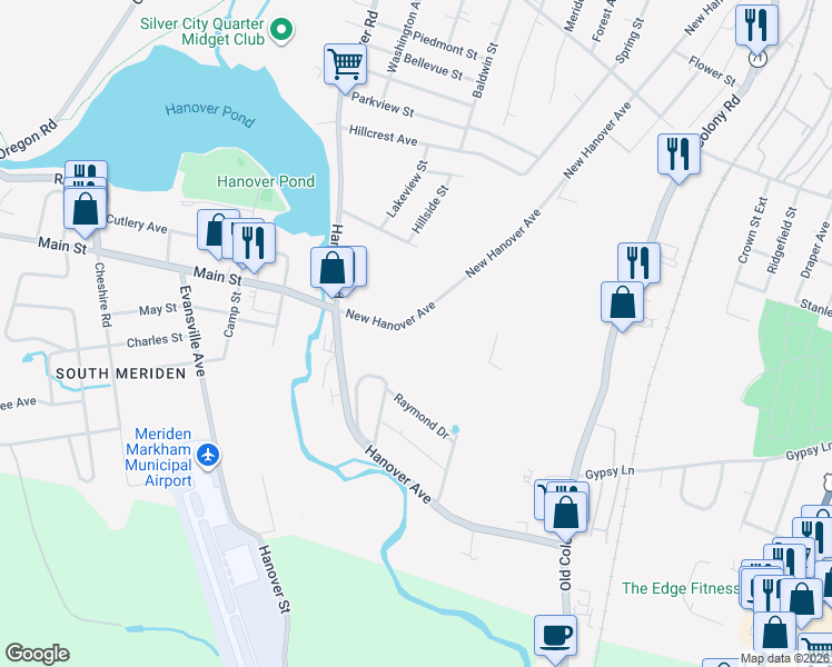 map of restaurants, bars, coffee shops, grocery stores, and more near 530 New Hanover Avenue in Meriden