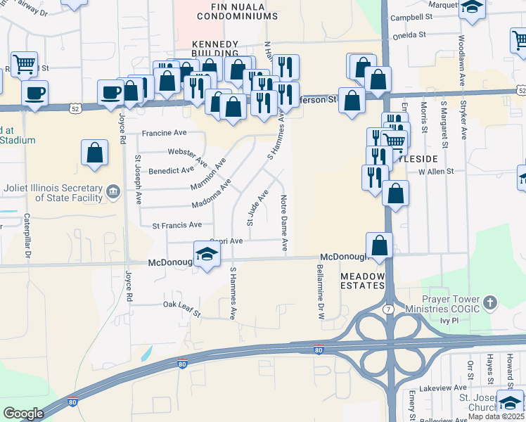 map of restaurants, bars, coffee shops, grocery stores, and more near 208 Saint Jude Avenue in Joliet