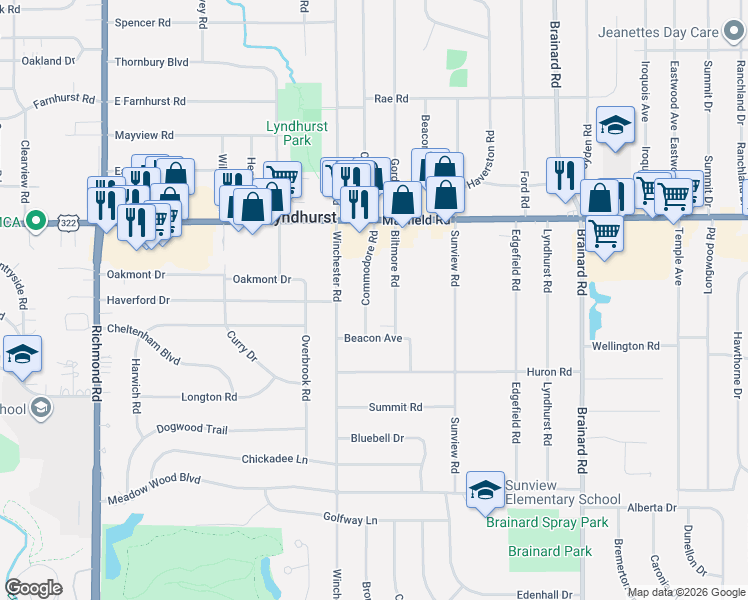 map of restaurants, bars, coffee shops, grocery stores, and more near 1576 Commodore Road in Lyndhurst