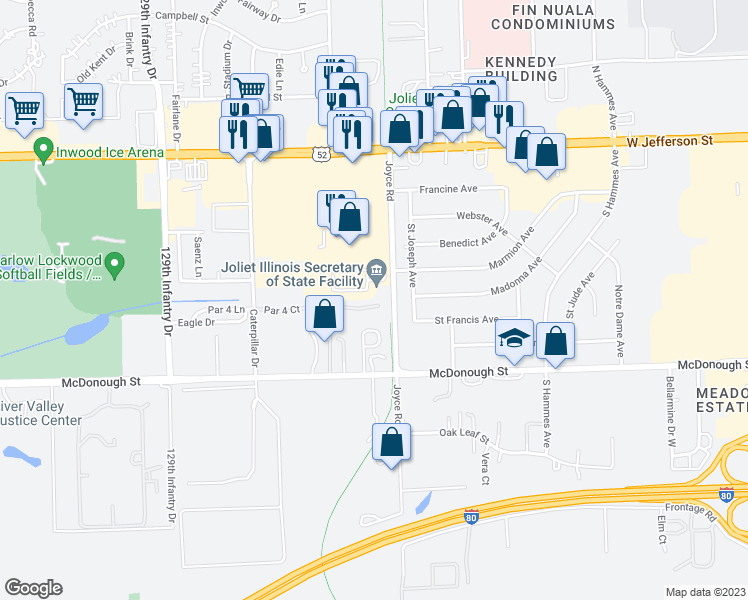 map of restaurants, bars, coffee shops, grocery stores, and more near 2412 Par 4 Court in Joliet