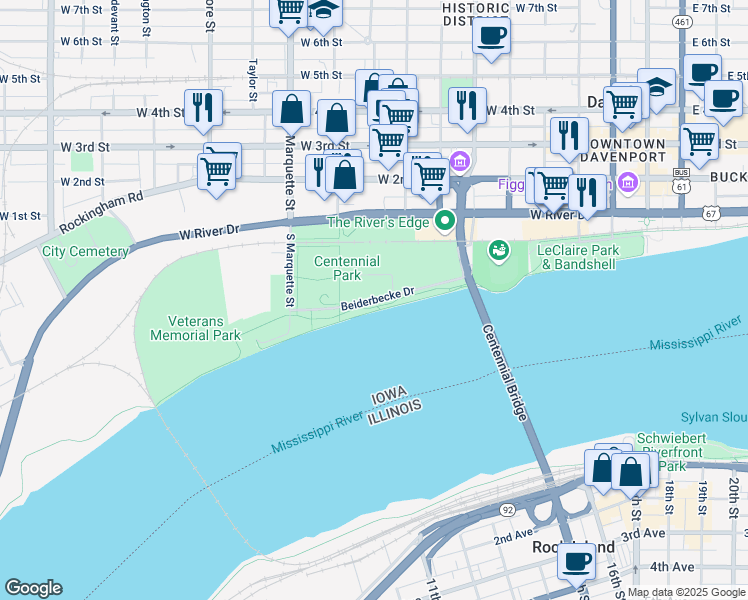 map of restaurants, bars, coffee shops, grocery stores, and more near Beiderbecke Drive in Davenport