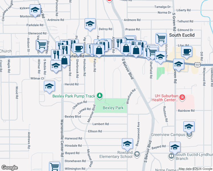 map of restaurants, bars, coffee shops, grocery stores, and more near 1575 Maplegrove Road in South Euclid
