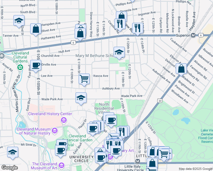 map of restaurants, bars, coffee shops, grocery stores, and more near 11508 Ashbury Avenue in Cleveland