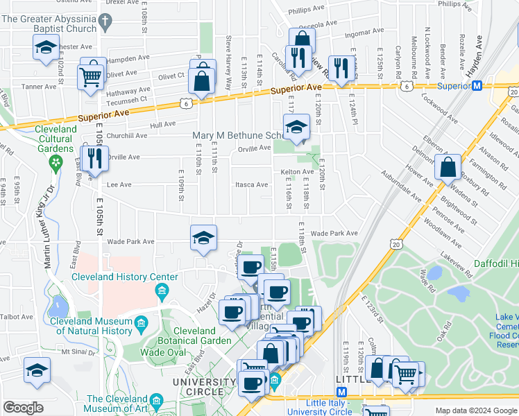 map of restaurants, bars, coffee shops, grocery stores, and more near 11406 Ashbury Avenue in Cleveland