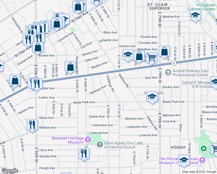 map of restaurants, bars, coffee shops, grocery stores, and more near 1378 Giddings Road in Cleveland