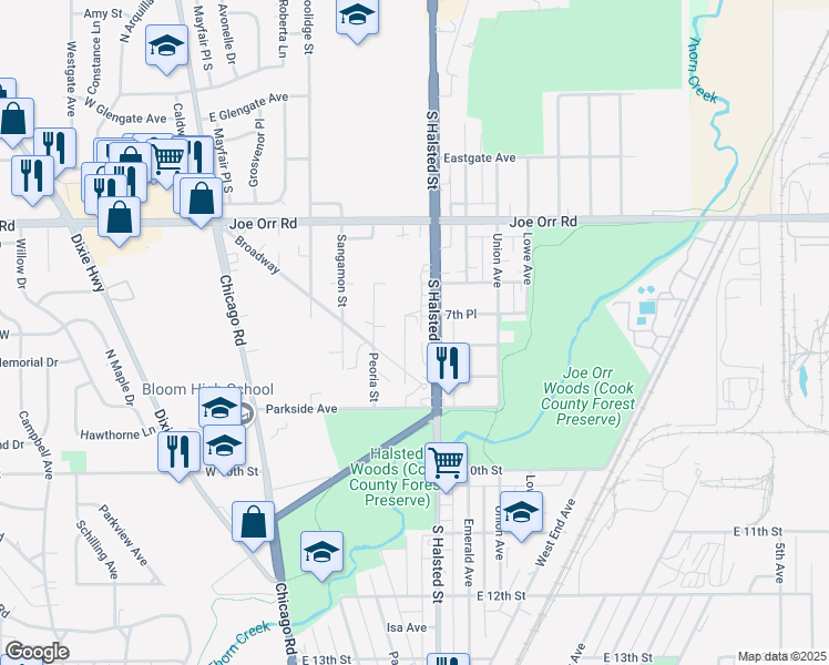 map of restaurants, bars, coffee shops, grocery stores, and more near 800 South Halsted Street in Chicago Heights