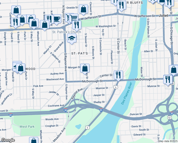 map of restaurants, bars, coffee shops, grocery stores, and more near 318 Dewey Street in Joliet