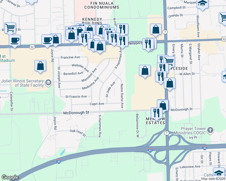 map of restaurants, bars, coffee shops, grocery stores, and more near 208 Saint Jude Avenue in Joliet