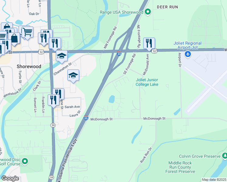 map of restaurants, bars, coffee shops, grocery stores, and more near 255 Timber Ridge Court in Joliet