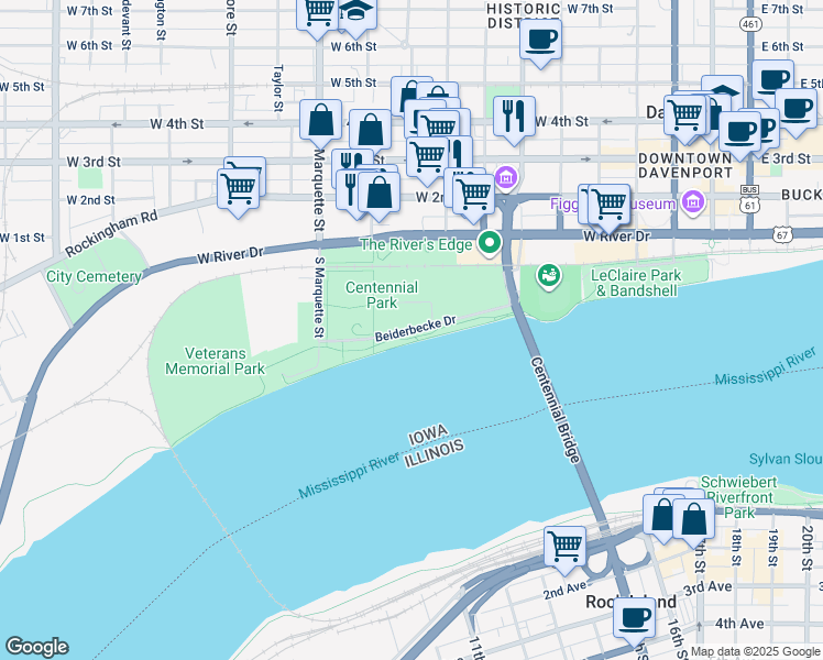 map of restaurants, bars, coffee shops, grocery stores, and more near Beiderbecke Drive in Davenport