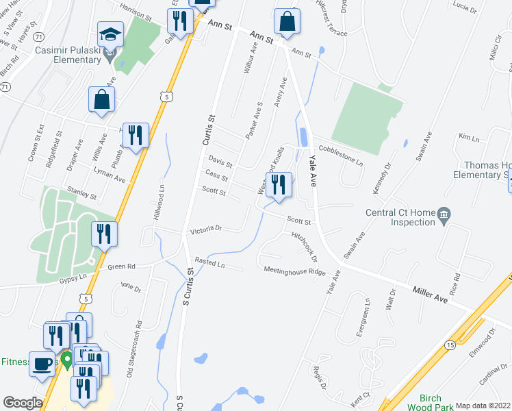 map of restaurants, bars, coffee shops, grocery stores, and more near 101 Scott Street in Meriden