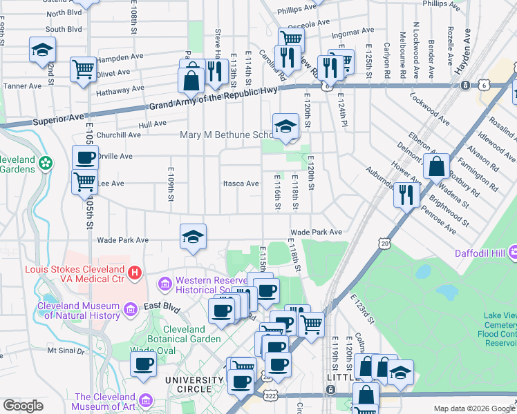 map of restaurants, bars, coffee shops, grocery stores, and more near 11433 Ashbury Avenue in Cleveland