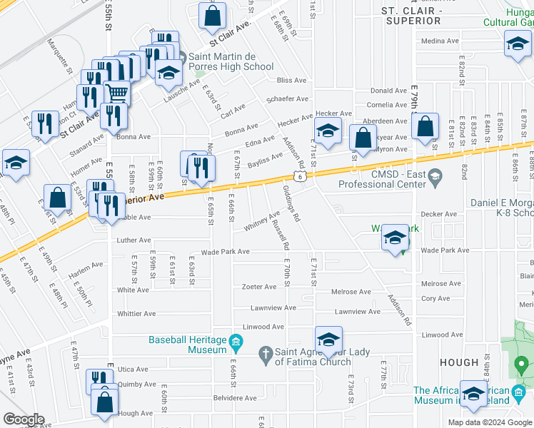 map of restaurants, bars, coffee shops, grocery stores, and more near 1350 Russell Road in Cleveland